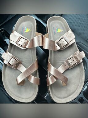Aloha Island Metallic Rose Gold Crisscross Buckle Sandals